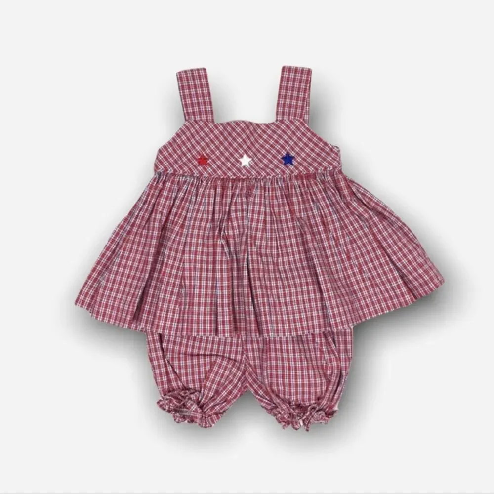 Strasburg Red White Blue Plaid 2 Piece Star Dress Set 12 Months
